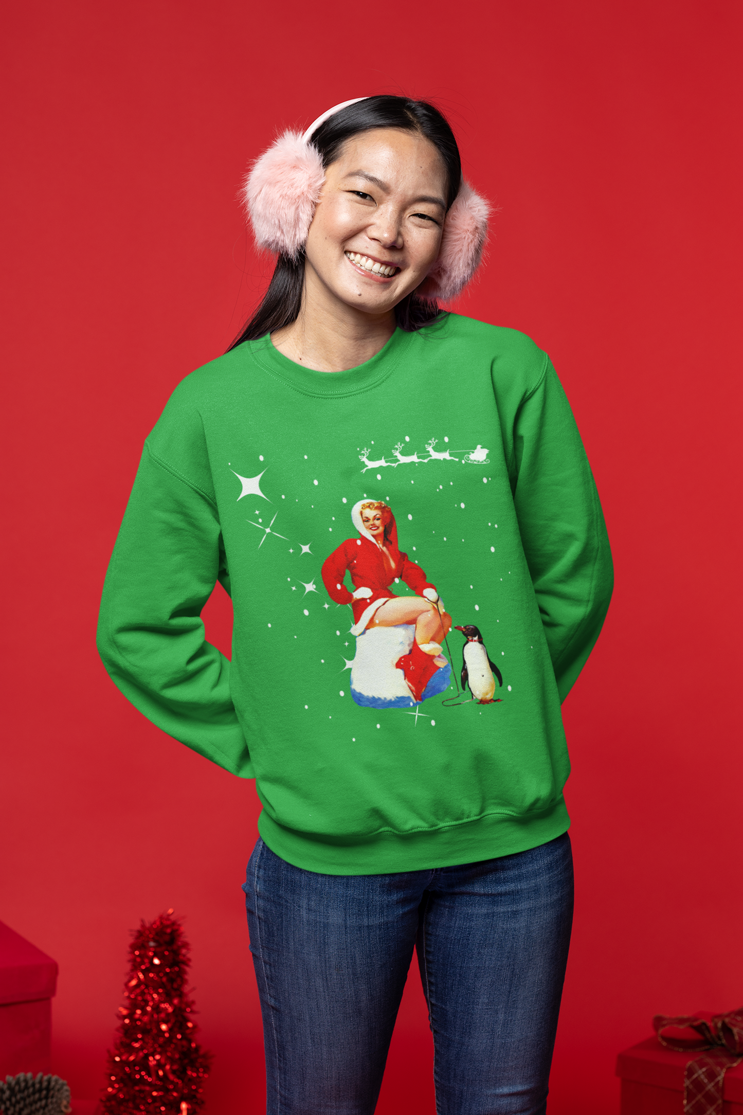 RETRO KERST SWEATER GIRL MET PINGUIN